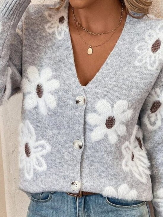 . Sweaters - Grey Casual Womens Floral Pattern Drop Shoulder Cardigan